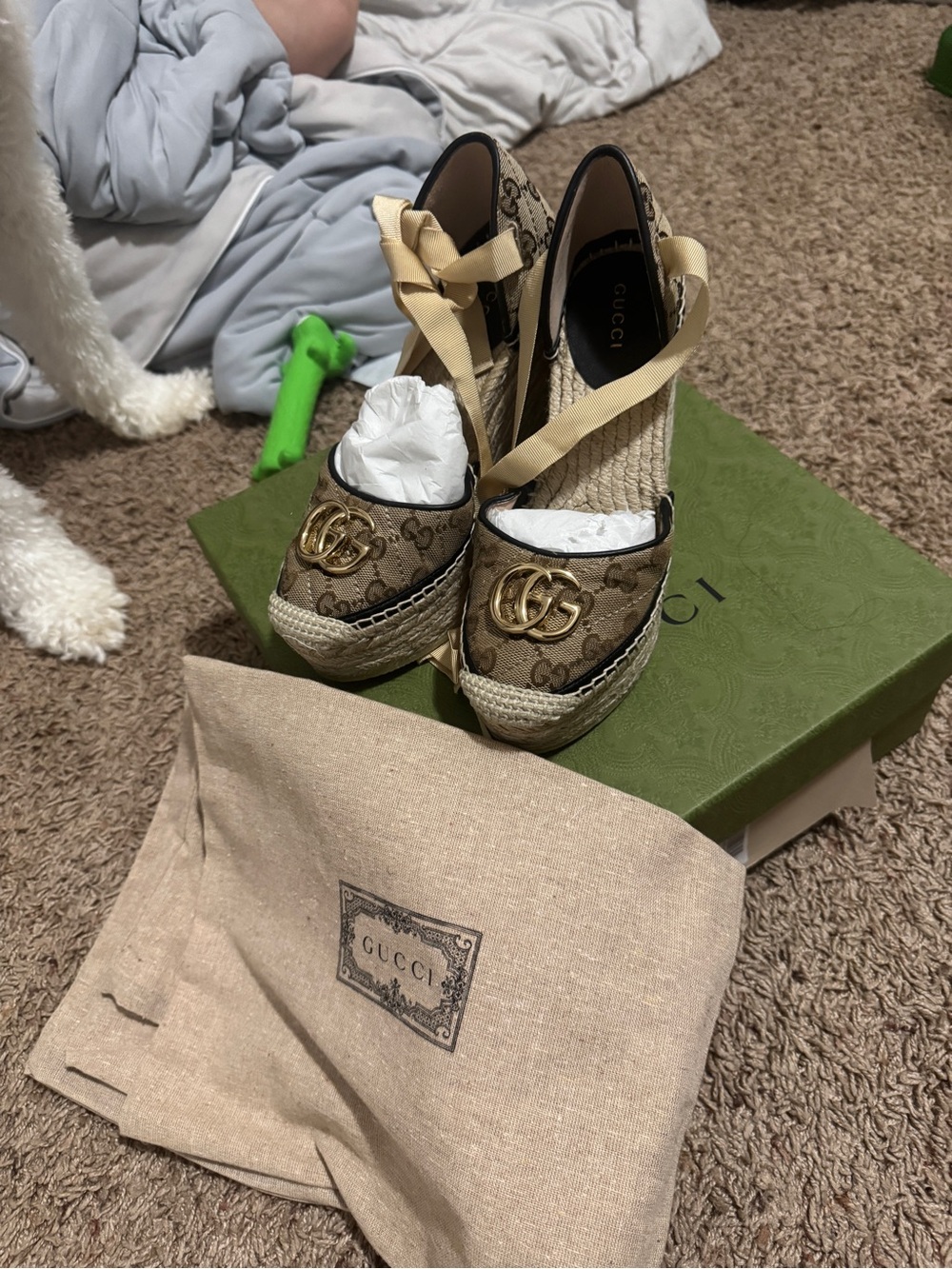 Gucci Brown GG Canvas Espadrille Wedge Sandals with Gold Double G